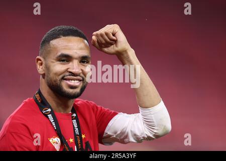 Youssef en-Nesyri vom FC Sevilla feiert am Ende des Finalspiels der UEFA Europa League vor dem FC Sevilla und am 31 2023. Mai in Budapest, Ungarn, als Roma in der Puskas Arena . Stockfoto