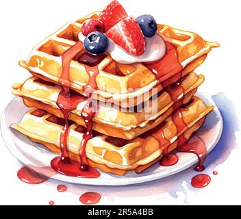 Frühstücksdessert Wasserfarben wiener Waffeln Wasserfarben. Hintergrund der Vektordarstellung. Stock Vektor