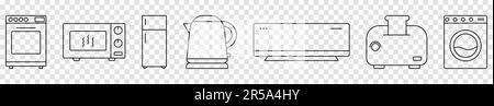 Symbolsatz für Küchengeräte. Luftofen, Mikrowelle, Kühlschrank, Wasserkocher, Klimaanlage, toaster, Waschmaschine Stock Vektor