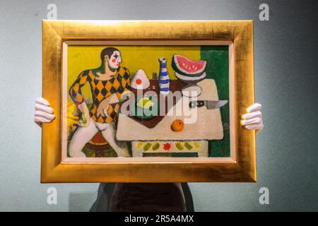 London, Großbritannien. 02. Juni 2023. Alberto Morrocco, Stille Leben mit Clown Est £8.000 12.000 Diese Kollektion - von Ebury Street in London, Copse Farm in Hampshire und Saint-Rémy in der Provence - bietet ein perfektes Selbstporträt dieses bemerkenswerten Paares, das alle reichen Stränge ihres dynamischen und kreativen Lebens miteinander vereint. Live-Auktion am 8. Juni in London. Paul Quezada-Neiman/Alamy Live News Kredit: Paul Quezada-Neiman/Alamy Live News Stockfoto