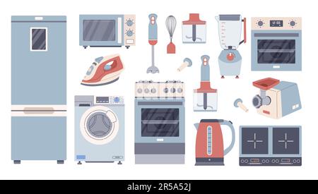 Haushaltsgeräte Set Haushaltselektronik und Maschinenkonzept. Geräteelemente für Küche Kochen Wäscherei waschen Stock Vektor