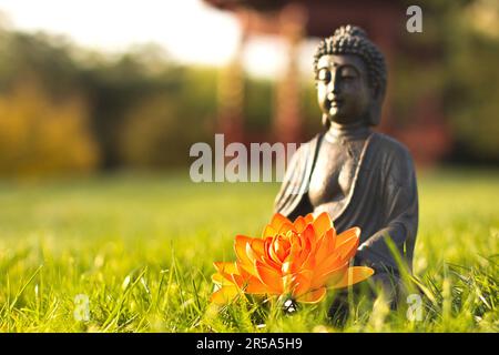 buddha mit orangefarbener Lotos-Blume auf einer Wiese in einem chinesischen Garten Stockfoto