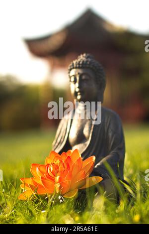 buddha mit orangefarbener Lotos-Blume auf einer Wiese in einem chinesischen Garten Stockfoto