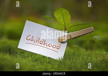 Setzling auf einer Wiese mit einem Stück Papier, das "Kindheit" schreibt Stockfoto