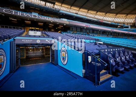 Die Spieler Tunneln im Etihad Stadium, Heimstadion des Manchester City FC Football Clubs Stockfoto