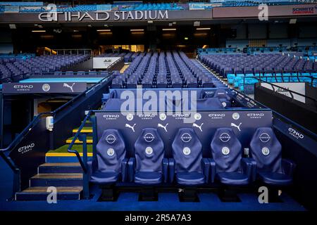 Die Spieler Tunneln im Etihad Stadium, Heimstadion des Manchester City FC Football Clubs Stockfoto