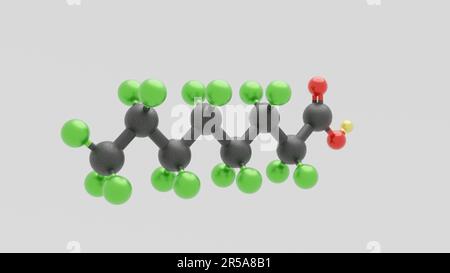 Perfluoroctansäure PFOA - C8HF15O2 - 3D Conformer, weißer Hintergrund Stockfoto