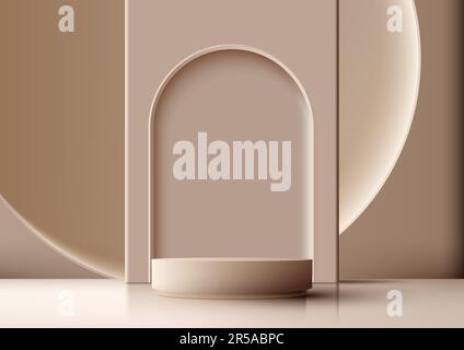 3D realistisches, modernes leeres beigefarbenes Podium mit abgerundeter Tür und rundem Hintergrund auf braunem Hintergrund. Sie können für Produktpräsentationen verwenden Stock Vektor