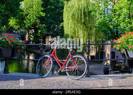 Rotes Fahrrad verriegelt und auf einer Brücke über dem Oudegracht-Kanal in Utrecht geparkt. Stockfoto