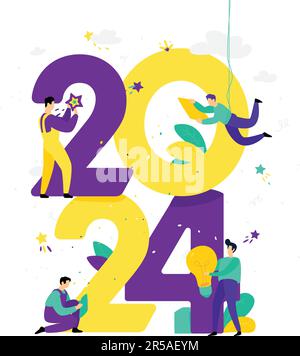 Neujahr 2024. Das neue Jahr. Vektor. Geschäftsleute begrüßen Weihnachten und Neujahr. Neue Horizonte. Vorbereitung auf den Urlaub. Geschäftliche Metapher Stock Vektor