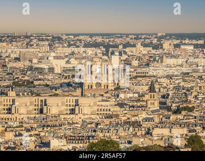 Luftaufnahme der Kathedrale Notre Dame in Paris bei Sonnenuntergang von der Spitze des Tour Eiffel Stockfoto