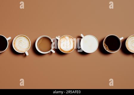 Verschiedene Kaffeegetränke. Draufsicht auf dem braunen Tisch mit köstlichen heißen Getränken in Tassen. Art Latte, Cappuccino, americano, Espresso, flach weiß Stockfoto