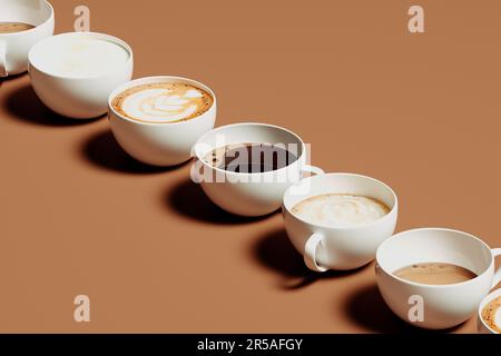 Verschiedene Kaffeegetränke. Seitenansicht auf dem braunen Tisch mit köstlichen heißen Getränken in Tassen. Art Latte, Cappuccino, americano, Espresso, Flat Whit Stockfoto