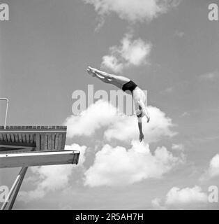 Diver Eugen Ahnström trat für den Sportverein Hellas an und gewann die schwedische Meisterschaft in Straight Jumps in den Jahren 1928, 1931 und 1933-37. Seine Stärke war die elegante Körperdehnung, seine Schwäche der Mangel an Sicherheit. Viele Jahre lang war er auch einer der besten Turner Schwedens. Schweden 1940. Kristoffersson Ref. 143-2 Stockfoto