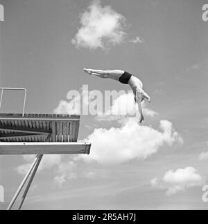 Diver Eugen Ahnström trat für den Sportverein Hellas an und gewann die schwedische Meisterschaft in Straight Jumps in den Jahren 1928, 1931 und 1933-37. Seine Stärke war die elegante Körperdehnung, seine Schwäche der Mangel an Sicherheit. Viele Jahre lang war er auch einer der besten Turner Schwedens. Schweden 1940. Kristoffersson Ref. 143-2 Stockfoto