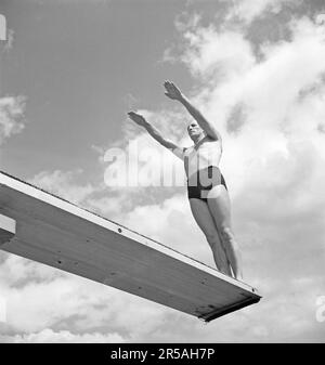 Diver Eugen Ahnström trat für den Sportverein Hellas an und gewann die schwedische Meisterschaft in Straight Jumps in den Jahren 1928, 1931 und 1933-37. Seine Stärke war die elegante Körperdehnung, seine Schwäche der Mangel an Sicherheit. Viele Jahre lang war er auch einer der besten Turner Schwedens. Schweden 1940. Kristoffersson Ref. 143-1 Stockfoto