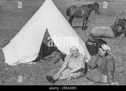 Camping in den 1940er. Die beiden älteren Frauen campen in der Nähe des Kivik's Markts, eine jährliche Veranstaltung. Sie sitzen vor ihrem Zelt mit ihrem Pferd im Hintergrund und essen Heu von einem Heuhaufen. Schweden 22. juli 1946. Stockfoto