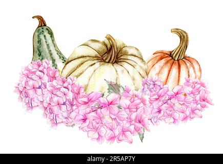 Herbstzusammensetzung mit rosa Hortensien und Kürbissen. Für Karten, Hintergründe. Aquarell-Darstellung für Sammelalben. Perfekt für eine Hochzeitseinladung. Stockfoto