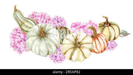 Herbstzusammensetzung mit rosa Hortensien und Kürbissen. Für Karten, Hintergründe. Aquarell-Darstellung für Sammelalben. Perfekt für eine Hochzeitseinladung. Stockfoto