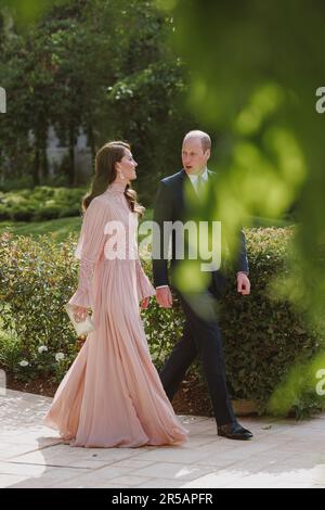 Amman, Jordanien. 01. Juni 2023. Prinz und Prinzessin von Wales, William und Kate nehmen am 1. Juni 2023 an der Hochzeitszeremonie ihrer Königlichen Hoheiten Kronprinz Al Hussein und Prinzessin Rajwa Al Hussein im Zahran-Palast in Amman, Jordanien, Teil. (Foto: Royal Hashemite Court RHC via Credit: SIPA USA/Alamy Live News Stockfoto