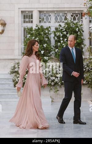 Amman, Jordanien. 01. Juni 2023. Prinz und Prinzessin von Wales, William und Kate nehmen am 1. Juni 2023 an der Hochzeitszeremonie ihrer Königlichen Hoheiten Kronprinz Al Hussein und Prinzessin Rajwa Al Hussein im Zahran-Palast in Amman, Jordanien, Teil. (Foto: Royal Hashemite Court RHC via Credit: SIPA USA/Alamy Live News Stockfoto