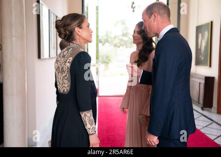 Amman, Jordanien. 01. Juni 2023. Ihre Majestäten König Abdullah II. Und Königin Rania Al Abdullah empfangen am 1. Juni 2023 Mitglieder der königlichen Haschemitischen Familie und Ehrengäste Prinz und Prinzessin von Wales, William und Kate in Amman, Jordanien. (Foto: Royal Hashemite Court RHC via Credit: SIPA USA/Alamy Live News Stockfoto