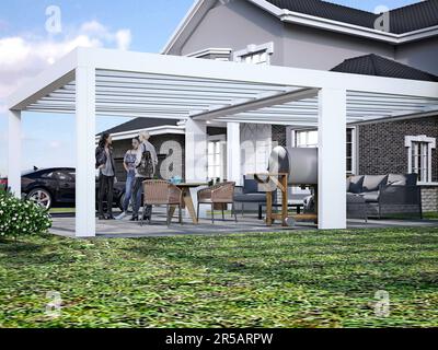 Amerikanisches Haus mit Gartenlaube, Pergola und Sonnenraum. 3D-Rendering Stockfoto