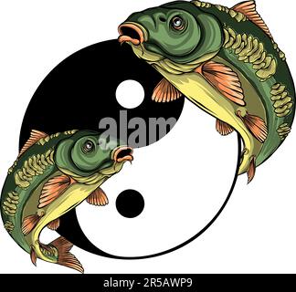 Darstellung von zwei Karpfenfischen im Kreis des Yin Yang-Symbols. Stock Vektor