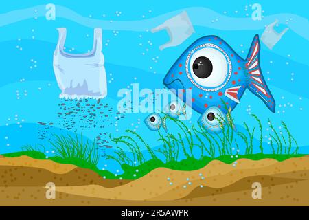 Mikroplastische Verschmutzung im Ozean.Mikropartikel aus Kunststoff im Wasser aus unsachgemäßem Plastikpaket.Meeres- und Meerplastikmüll.Umweltproblem Stock Vektor
