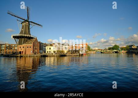 HAARLEM, NIEDERLANDE - 24. MAI 2022: Die berühmte Adriaan Windmühle am Fluss De Spaarne an klaren Tagen. Stockfoto