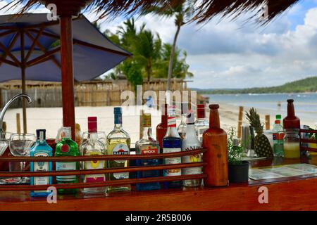 Nahaufnahme der Strandbar, alkoholische Getränke und Werkzeuge für die Cocktailzubereitung. Meer und Strand im Hintergrund Stockfoto