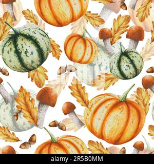 Herbstfarben isoliertes nahtloses Muster mit Kürbissen, Eichenblättern, Eicheln, Pilzen, Boletus, Porcini-Pilze, weißer Hintergrund. Saisonaler Herbst Stockfoto