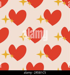Nahtloses Muster mit roten Herzen auf pinkfarbenem Hintergrund mit Sternen im tollen Stil Stock Vektor