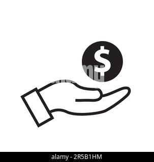 Hand mit einer Münze mit Dollarzeichen auf weißem Hintergrund und Kopierbereich Stock Vektor