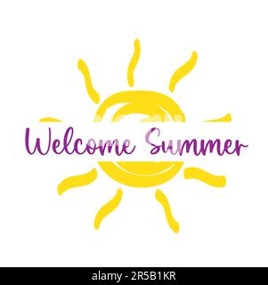 Sommerbanner mit Text und einer farbigen Sonne auf weißem Hintergrund Stock Vektor