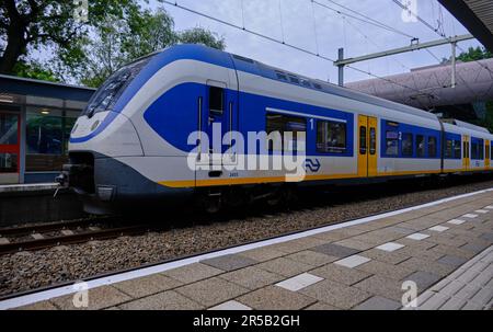 Hilversum, Niederlande - 26. September 2021: Holländische Eisenbahn (Niederländisch: Nederlandse Spoorwegen oder NS) elektrische blaue, weiße und gelbe Eisenbahn Sprinter Stockfoto