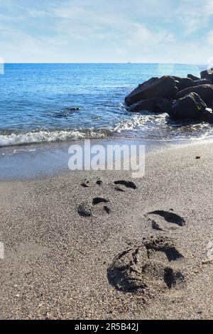 Menschliche Fingerabdrücke oder Fußtreppen, die auf dem Sand am Strand hinterlassen wurden Stockfoto