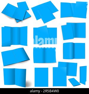 Dreizehn hellblaue Broschüren für Layouts und Präsentationsdesign. 3D-Rendering. Digital Generiertes Bild. Isoliert auf weißem Hintergrund. Stockfoto
