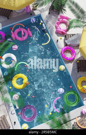 Bild Bild Bild 3D Collage Poster Plakatwand Schwimmbad schwimmende Flamingo Entengummi Spielzeuge Traumurlaub zwischen tropischen Palmen Stockfoto
