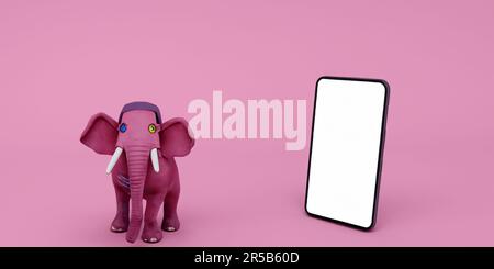 Pinkfarbener Elefant mit pinkfarbenem Hintergrund und Smartphone-Display Stockfoto