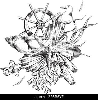 Meerestiere mit Anker, Ruder und Rettungsring. Darstellung handgezeichneter Grafiken, Vektor im EPS-Format. Zusammensetzung auf weißem Hintergrund isoliert Stock Vektor