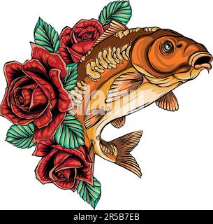 vektordarstellung von Karpfen mit Rosen auf weißem Hintergrund Stock Vektor