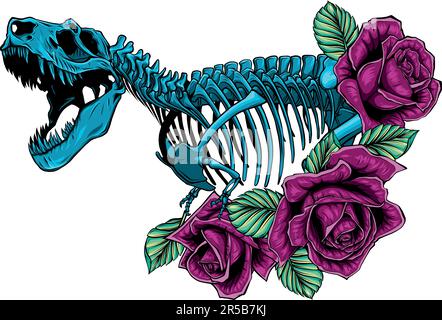 Darstellung des Skeletts von Dinosaur Tyrannosaurus Rex mit Rosen und Blättern Stock Vektor