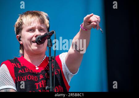 Nürnberg, Deutschland. 02. Juni 2023. Conor Mason (Sänger) der britischen Rockband Nothing but Thieves tritt während des Open-Air-Festivals Rock im Park auf der Utopia-Bühne auf. Kredit: Daniel Vogl/dpa/Alamy Live News Stockfoto