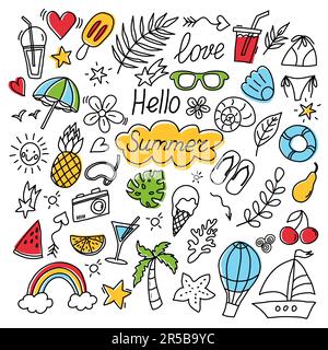 Symbolset mit Sommerfarben. Symbolsammlung mit handgezeichneten Linien. Set mit Sommersachen am Strand. Clip-Art-Sammlung von Dingen für den Urlaub. Vektorbeleuchtung Stock Vektor