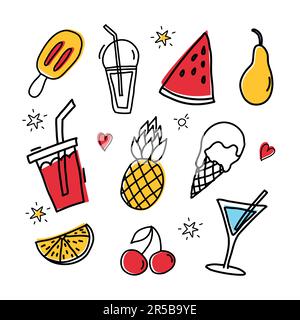 Set mit süßen Sommersymbolen für Speisen und Getränke. Eiscreme, Getränk, Wassermelone, Birne, Ananas, Orange, Kirsche und martini. Helles Sommerposter. Doodle Stock Vektor