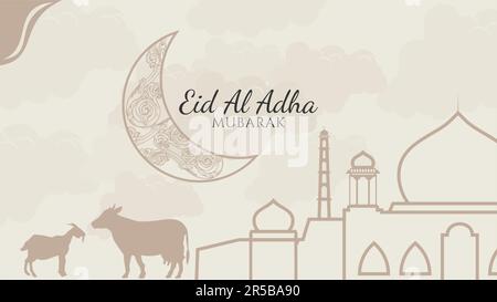 eid al adha – flaches Vektordesign in Pastellfarben und Kritzelstil. Geeignet für Grußkarten. Horizontaler Poster.header für Website Stock Vektor