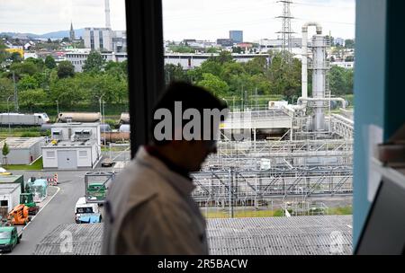 PRODUKTION - 23. Mai 2023, Hessen, Darmstadt: Chemielabor Stefan Gemessy steht an einem Fenster mit Blick auf Teile des Werks in einem Labor der pharmazeutischen und technologischen Gruppe Merck KGaA in Darmstadt. Das Qualitätskontrolllabor für hochreine Lösungsmittel im Geschäftsbereich Life Science bei Merck prüft die Qualität von Lösungsmitteln für Forschungslabors oder die pharmazeutische Industrie. Foto: Arne Dedert/dpa Stockfoto