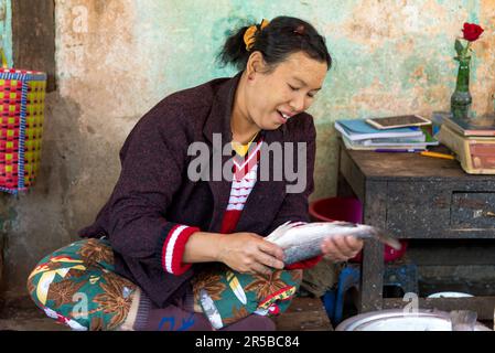 Nyaung-U, Myanmar - 21. Dezember 2019: Ein lächelnder Fischhändler auf dem lokalen Hauptmarkt. Es liegt in der Nähe des berühmten Bagan Stockfoto