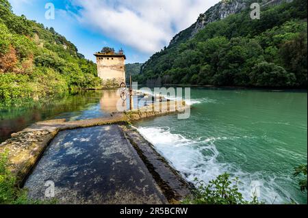 Ein weißer Mann steht auf einer Brücke mit einem Fahrrad und blickt auf das ruhige Wasser Stockfoto